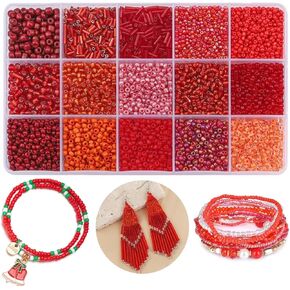 15 Color 4mm Small Assorted Glass Seed Beads,3mm Bugle Beads Friendship Bracelet Kit,2mm Tiny Tube Beads for Jewelry Making(Red Bead)