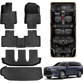 5PCS 2020-2024 for Toyota Highlander Floor Mats 7 Seats TPE All Weather Protection Waterproof Anti-Slip for Toyota Highlander Accessories 2021 2022 2023, Floor Mats+Rear Cargo Mat