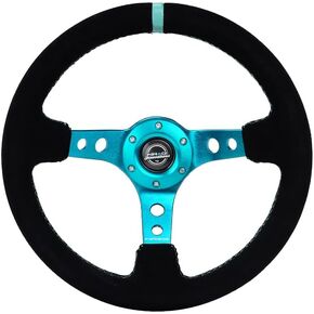 NRG Innovations NRG-RST-006S-TL Reinforced Steering Wheel - 350MM Sport Steering Wheel (3" Deep) - Black Suede Teal Center Mark with Teal Stitching and Teal Center spoke