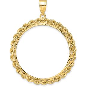 Avariah Solid Wideband Distinguished Coin Jewelry 14k Yellow Gold Diamond-cut with Rope 32.7mm Prong Coin Bezel Pendant - 49.5mm