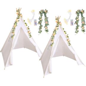 Kigley 2 Set Teepee Tents for Girls Sleepover Tents for Boys Slumber Party White Cotton Linen Play Tents with 6.6 ft Pink Fake Rose Vine 10 ft Battery Operated String Lights for Room Decor