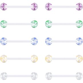FECTAS 14G Plastic Nipple Rings for Surgery Plastic Tongue Rings Bioflex Flexible Acrylic Piercing Retainer 5 Pairs 16mm