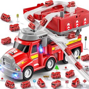 TEMI Construction Truck Kids Toys for 3 4 5 6 Year Old Boys, Toddler Car Adventures Toys for Girls, Car Carrier Toy with 8 Vehicles, Movable Truck Station Toys, Birthday Gifts for Kids Age 3-8