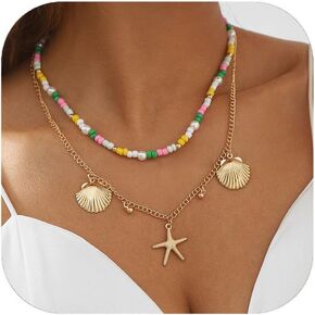 Gold Shell Starfish Necklace for Women Pearl Shell Necklace Layered Beaded Starfish Necklace Summer Beach Surf Jewelry Gifts for Women