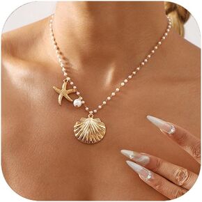 Gold Shell Starfish Necklace for Women Pearl Shell Necklace Layered Beaded Starfish Necklace Summer Beach Surf Jewelry Gifts for Women