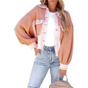 Women's Fall Casual Cropped Waffle Knit Jacket Button Down Spliced Denim Shacket Tops