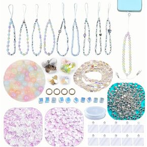 AOUXSEEM Beaded Mobile Phone Chains Making Kit, Can Make 10 Pcs Cell Phone Wrist Straps, Assorted Crystal Diamond/Butterfliy/Metal/Round Beads for Girls DIY Handmade Gifts