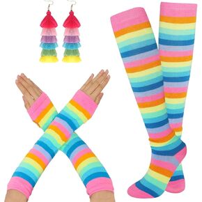 Women Costume Cosplay Accessories Set Rainbow Striped Femboy Thigh Highs Stockings Arm Warmer Fingerless Gloves Bohemian Style Layered Rainbow Tassel Earrings Pride Month Halloween Costume