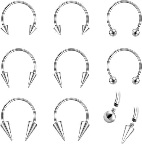 ZS 8Pcs 16G/18G Spike Nose Septum Rings, Stainless Steel Internally Threaded Horseshoe Circular Barbell Piercing Jewelry for Nose Lip Tragus Cartilage Helix Daith in Kuwait