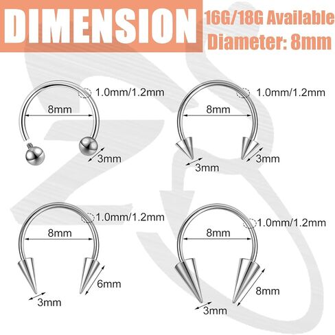 ZS 8Pcs 16G/18G Spike Nose Septum Rings, Stainless Steel Internally Threaded Horseshoe Circular Barbell Piercing Jewelry for Nose Lip Tragus Cartilage Helix Daith in Kuwait