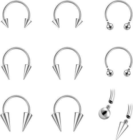 ZS 8Pcs 16G/18G Spike Nose Septum Rings, Stainless Steel Internally Threaded Horseshoe Circular Barbell Piercing Jewelry for Nose Lip Tragus Cartilage Helix Daith in Kuwait