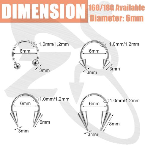 ZS 8Pcs 16G/18G Spike Nose Septum Rings, Stainless Steel Internally Threaded Horseshoe Circular Barbell Piercing Jewelry for Nose Lip Tragus Cartilage Helix Daith in Kuwait
