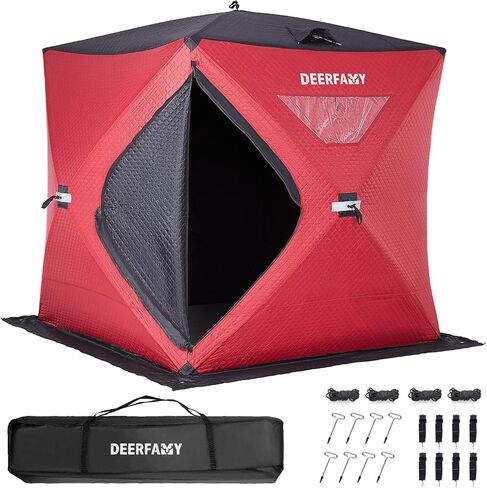 DEERFAMY 3-Layer Ice Fishing Shelter قطن مملوء، 3/4/5/6/7/8 شخص خيمة صيد الجليد، خيمة معزولة من الأكواخ الثلجية مع حقيبة حمل، مراسي ثلج، أحمر/أزرق in Kuwait