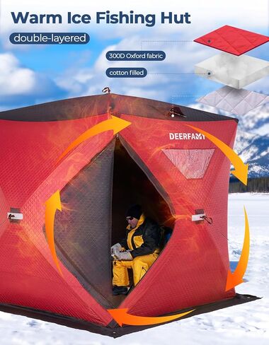 DEERFAMY 3-Layer Ice Fishing Shelter قطن مملوء، 3/4/5/6/7/8 شخص خيمة صيد الجليد، خيمة معزولة من الأكواخ الثلجية مع حقيبة حمل، مراسي ثلج، أحمر/أزرق in Kuwait