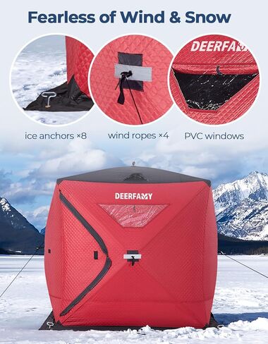 DEERFAMY 3-Layer Ice Fishing Shelter قطن مملوء، 3/4/5/6/7/8 شخص خيمة صيد الجليد، خيمة معزولة من الأكواخ الثلجية مع حقيبة حمل، مراسي ثلج، أحمر/أزرق in Kuwait