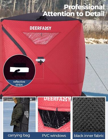 DEERFAMY 3-Layer Ice Fishing Shelter قطن مملوء، 3/4/5/6/7/8 شخص خيمة صيد الجليد، خيمة معزولة من الأكواخ الثلجية مع حقيبة حمل، مراسي ثلج، أحمر/أزرق in Kuwait