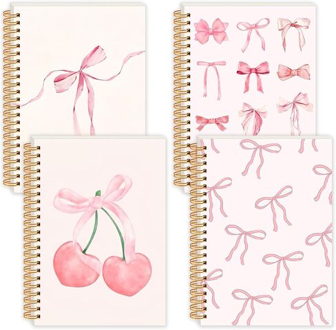 4 Pack Coquette Preppy Pink Bow Notebook, A5 Aesthetic Spiral Notebook Journals for Women, Cute Cherry Bow Notebooks for School, Preppy School Supplies, Pink Notebooks College Ruled in Saudi Arabia