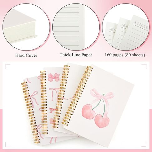 4 Pack Coquette Preppy Pink Bow Notebook, A5 Aesthetic Spiral Notebook Journals for Women, Cute Cherry Bow Notebooks for School, Preppy School Supplies, Pink Notebooks College Ruled in Saudi Arabia