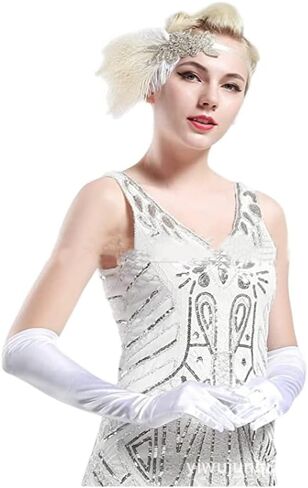 قفازات Chinshwehaw الطويلة للسهرة أوبرا الساتان للنساء بطول الكوع 1920s قفازات طويلة للرقص المسائي أوبرا الزفاف (أبيض) in Kuwait