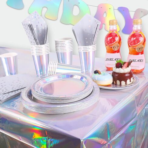 ديكورات لوازم الحفلات قزحية الألوان، أطباق ورقية للاستعمال مرة واحدة تكفي 25 شخصًا، مع أكواب قزحية الألوان ومناديل ومفرش طاولة ولافتة لحفلة عيد ميلاد المغني in Kuwait