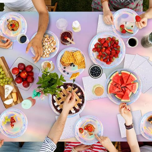 ديكورات لوازم الحفلات قزحية الألوان، أطباق ورقية للاستعمال مرة واحدة تكفي 25 شخصًا، مع أكواب قزحية الألوان ومناديل ومفرش طاولة ولافتة لحفلة عيد ميلاد المغني in Kuwait