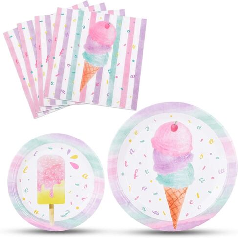 WERNNSAI Ice Cream Plates and Napkins - Ice Cream and Popsicle Theme Party Supplies for Girls Birthday Disposable Tableware Dessert Plates Luncheon Napkins Serves 16 Guests 48PCS in Saudi Arabia