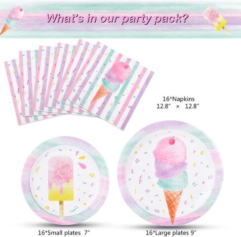 WERNNSAI Ice Cream Plates and Napkins - Ice Cream and Popsicle Theme Party Supplies for Girls Birthday Disposable Tableware Dessert Plates Luncheon Napkins Serves 16 Guests 48PCS in Saudi Arabia
