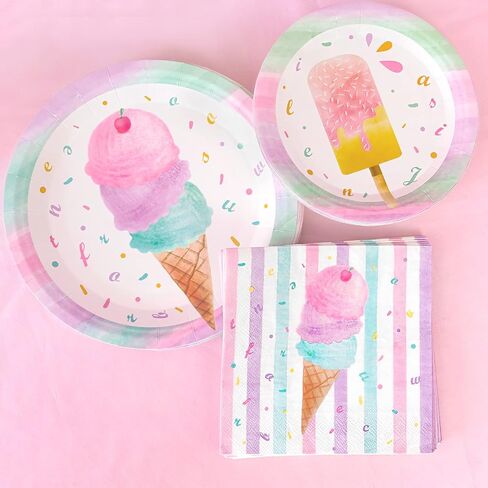 WERNNSAI Ice Cream Plates and Napkins - Ice Cream and Popsicle Theme Party Supplies for Girls Birthday Disposable Tableware Dessert Plates Luncheon Napkins Serves 16 Guests 48PCS in Saudi Arabia