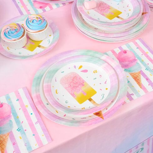 WERNNSAI Ice Cream Plates and Napkins - Ice Cream and Popsicle Theme Party Supplies for Girls Birthday Disposable Tableware Dessert Plates Luncheon Napkins Serves 16 Guests 48PCS in Saudi Arabia