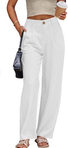 Fakanhui Women's Linen Dressy Work Casual Pants Summer Business Straight Wide Leg Cotton Linen Trouser Pants in Kuwait