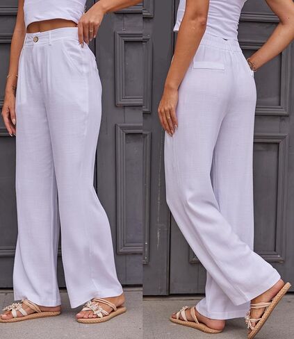 Fakanhui Women's Linen Dressy Work Casual Pants Summer Business Straight Wide Leg Cotton Linen Trouser Pants in Kuwait