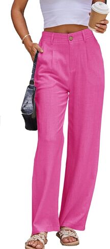 Fakanhui Women's Linen Dressy Work Casual Pants Summer Business Straight Wide Leg Cotton Linen Trouser Pants in Kuwait