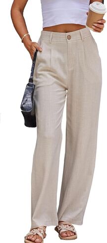 Fakanhui Women's Linen Dressy Work Casual Pants Summer Business Straight Wide Leg Cotton Linen Trouser Pants in Kuwait