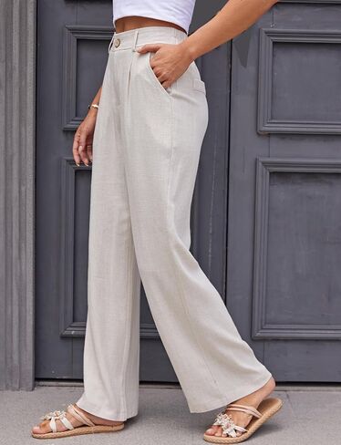 Fakanhui Women's Linen Dressy Work Casual Pants Summer Business Straight Wide Leg Cotton Linen Trouser Pants in Kuwait