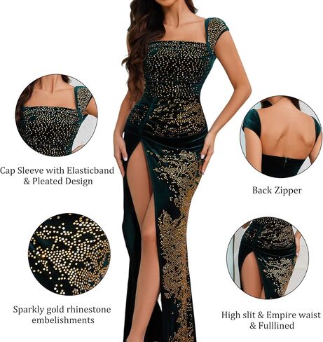 Emerald Green Velvet Mermaid Evening Dresses Square Neck Wrap Dress Pleated Maxi Long Ruched Wedding Guest Gown with Slit in Saudi Arabia