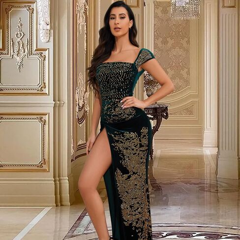 Emerald Green Velvet Mermaid Evening Dresses Square Neck Wrap Dress Pleated Maxi Long Ruched Wedding Guest Gown with Slit in Saudi Arabia