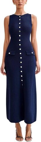 ELFTOWN Women's Summer Sleeveless Single Breasted Knit Maxi Dress Slit Crew Neck Long Sweater Bodycon Dress in Saudi Arabia