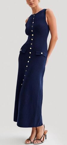 ELFTOWN Women's Summer Sleeveless Single Breasted Knit Maxi Dress Slit Crew Neck Long Sweater Bodycon Dress in Saudi Arabia