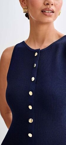 ELFTOWN Women's Summer Sleeveless Single Breasted Knit Maxi Dress Slit Crew Neck Long Sweater Bodycon Dress in Saudi Arabia