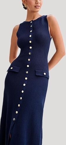 ELFTOWN Women's Summer Sleeveless Single Breasted Knit Maxi Dress Slit Crew Neck Long Sweater Bodycon Dress in Saudi Arabia