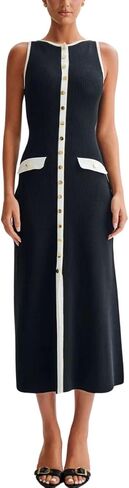 ELFTOWN Women's Summer Sleeveless Single Breasted Knit Maxi Dress Slit Crew Neck Long Sweater Bodycon Dress in Saudi Arabia