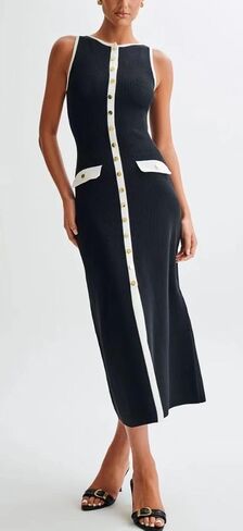 ELFTOWN Women's Summer Sleeveless Single Breasted Knit Maxi Dress Slit Crew Neck Long Sweater Bodycon Dress in Saudi Arabia