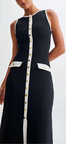 ELFTOWN Women's Summer Sleeveless Single Breasted Knit Maxi Dress Slit Crew Neck Long Sweater Bodycon Dress in Saudi Arabia