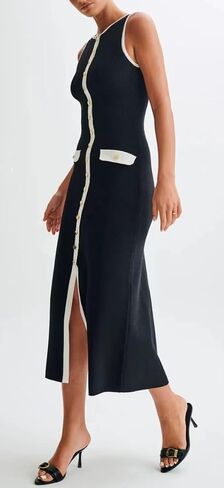 ELFTOWN Women's Summer Sleeveless Single Breasted Knit Maxi Dress Slit Crew Neck Long Sweater Bodycon Dress in Saudi Arabia