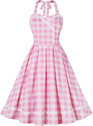 Vintage Pink Gingham Dress for Women 1950s 50s Ruffle Spaghetti Straps Checkered Swing Tea Dresses Rockabilly Audrey Hepburn in Kuwait