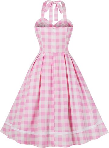Vintage Pink Gingham Dress for Women 1950s 50s Ruffle Spaghetti Straps Checkered Swing Tea Dresses Rockabilly Audrey Hepburn in Kuwait