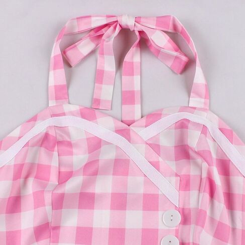 Vintage Pink Gingham Dress for Women 1950s 50s Ruffle Spaghetti Straps Checkered Swing Tea Dresses Rockabilly Audrey Hepburn in Kuwait