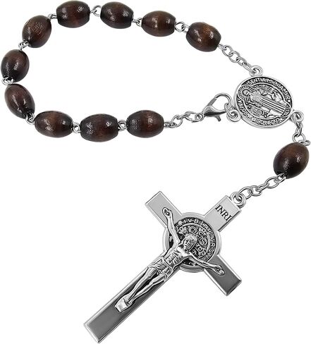TALISMAN4U Saint Benedict Medal One Decade Catholic Rosary for Car Rearview Mirror Dark Brown Wood Prayer Beads Sacred St Benedict Crucifix Rosaries Bracelet Religious Gift for Men Women in Kuwait