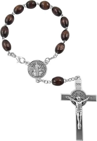 TALISMAN4U Saint Benedict Medal One Decade Catholic Rosary for Car Rearview Mirror Dark Brown Wood Prayer Beads Sacred St Benedict Crucifix Rosaries Bracelet Religious Gift for Men Women in Kuwait
