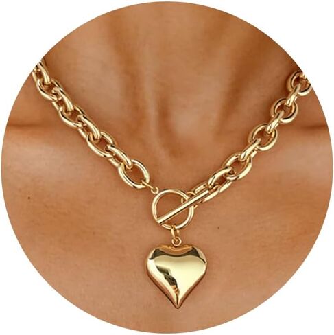 WOWORAMA Gold Chunky Chain Necklace for Women Puffy Heart Pendant Necklace White Gold Thick Chunky Chain Link Necklaces Heart Coin Choker Necklace in Kuwait